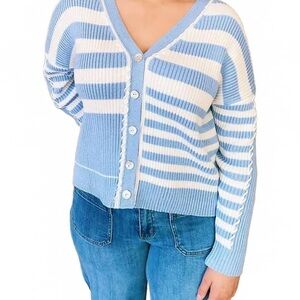 Able Light Blue and White Striped Cardigan Sweater
